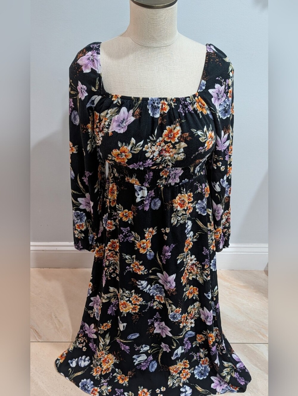 A. Byer Black Floral Long Sleeve Dress - Size Small - Boho Chic